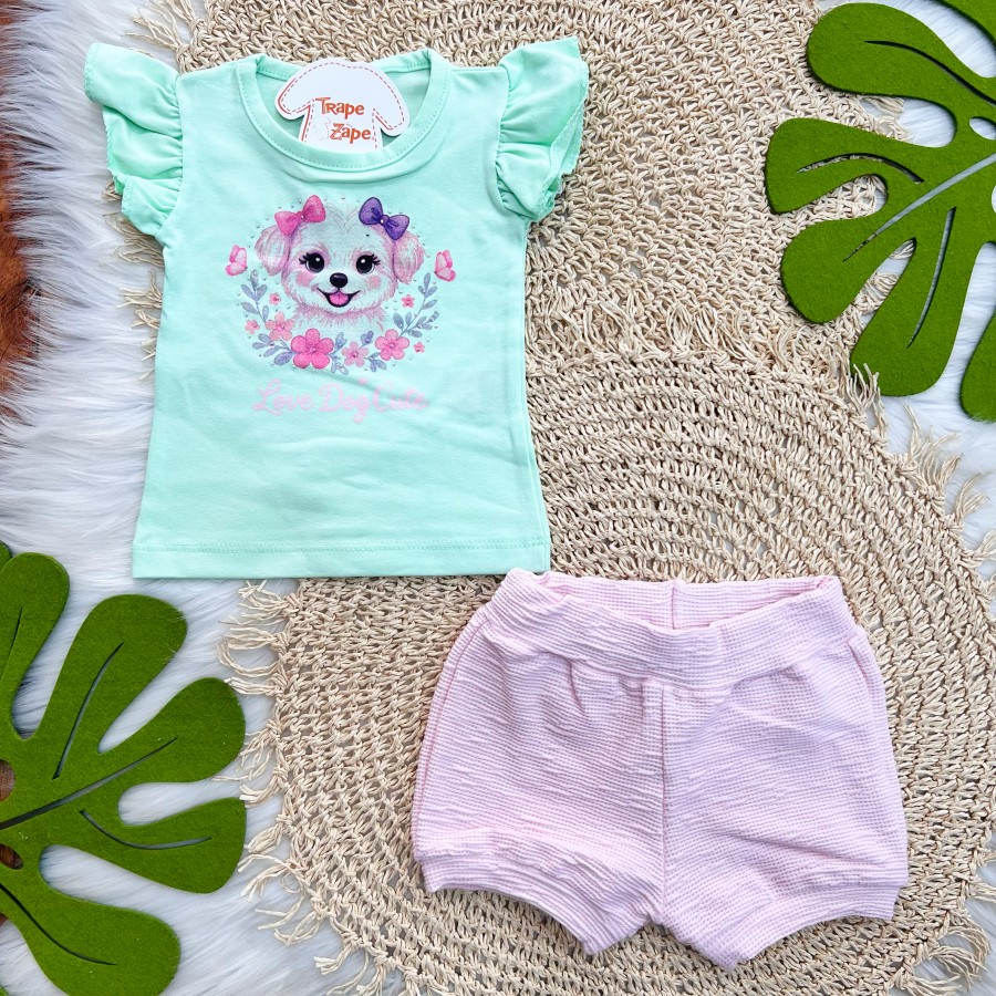 Conj. Blusa Love Dog Cute e Short - Verde e Rosa Bebê